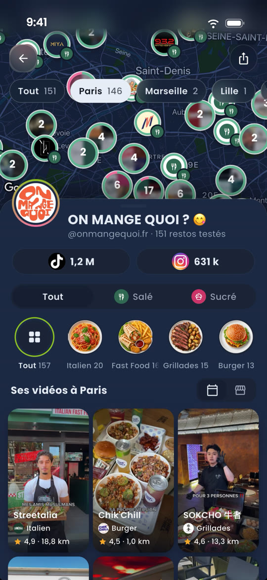 Capture de l'app : un profil de créateur food avec ses vidéos